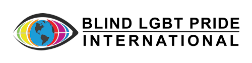 Icon in the shape of an eye with the eyeball in the shape of a globe. Text reads: Blind LGBT Pride International
