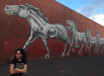 A white woman with olive skin and long, dark brown, curly hair stands outside by a red wall that vanishes behind her in the distance. A line of enormous running horses are painted in a mural on the wall in black and white, their manes blowing in the wind. Cheryl stands with her arms folded in front of her, forearms chiseled from too many years typing, staring off in the direction the horses are headed. She has a solemn crow tattooed on one arm and wears a black t-shirt with white text, "No More Spoons" and a row of knives and daggers.