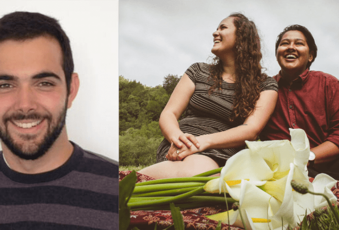 Left: A profile photo of a man in his late 20s with dark hair and a dark trimmed beard, smiling at the camera. Right: A photo of Elena and Layel smiling and looking off beyond the camera. They are both sitting on a cloth with calla lilies with an evergreen forest behind them.
