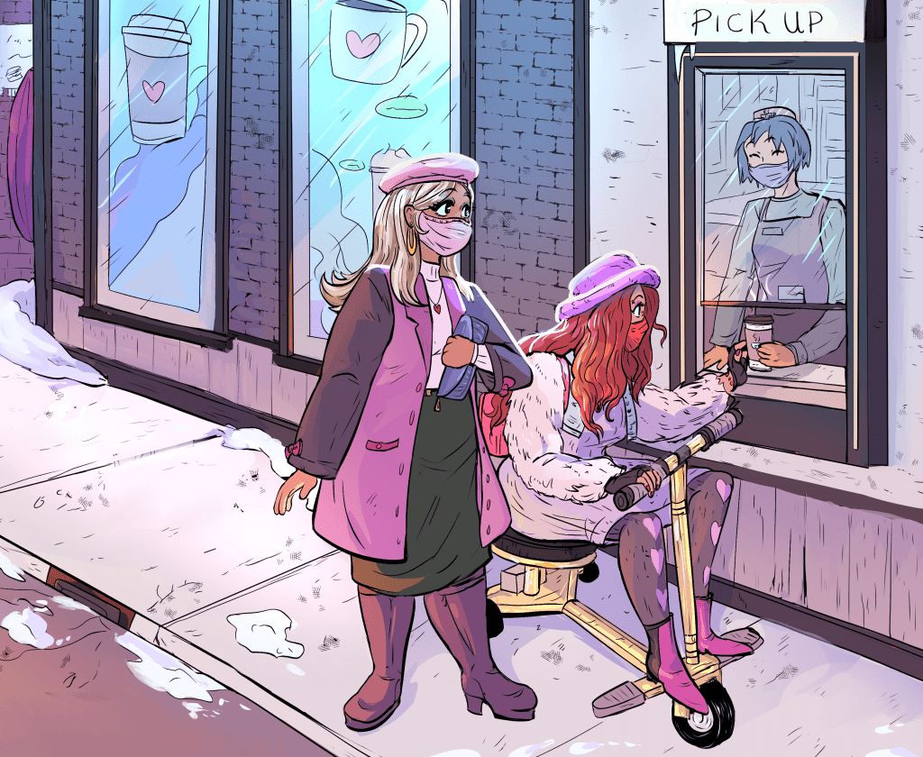 Two chic Black women grab coffee from an outdoor pick-up window. The woman closest to the barista is in a gold-customized travel mobility scooter and wears a fuzzy purple bucket hat, sweater dress, pink backpack, and red face mask. Next to her, the second woman waits in a pink coat and beret. Bits of snow gather on the ground and sidewalk while the cafe’s windows are decorated with coffee decals. Credit: Dominique Davis for Disabled And Here.