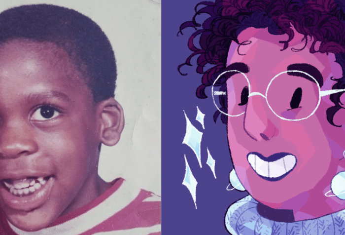 Two photos [left]  A young Black boy, Leroy Moore, with short black hair smiling at the camera. He is wearing a red and white striped shirt. [Right] An illustrated headshot of Ashanti Fortson, an Afro-Latinx person with light brown skin and black curly hair. They're wearing light blue planet-shaped earrings, a periwinkle knit turtleneck, and large light blue glasses. They're smiling at the camera, and some sparkles float next to them.