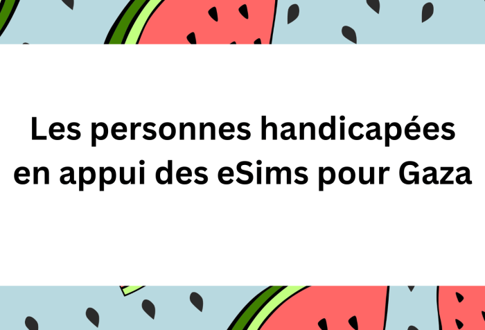 Une illustration sur fond bleu clair qui présente des morceaux de pastèque coupés en formes triangulaires et des graines de pastèque. Au centre sur un carré blanc, le texte « Les personnes handicapées en appui des eSims pour Gaza » est inscrit. Graphic with a border around it that has slices of watermelons. In the center is French text, "Les personnes handicapées en appui des eSims pour Gaza"