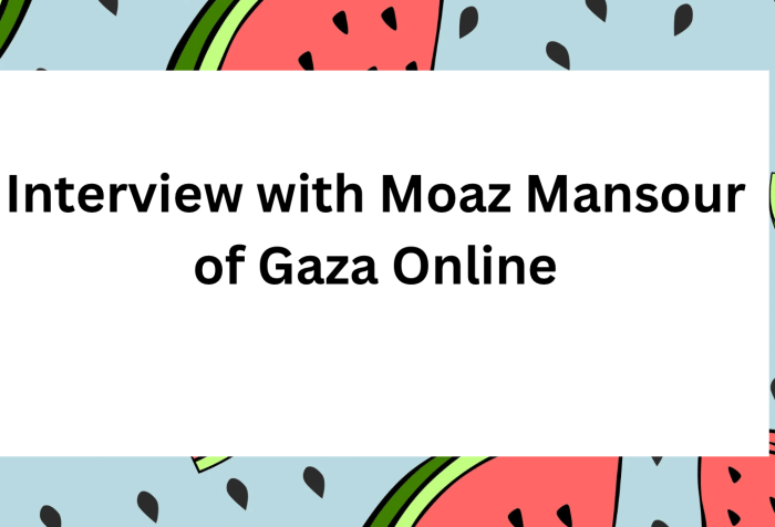 Graphic with a border featuring watermelons and watermelon seeds. In the center, text in black reads, “Interview with Moab Mansour of Gaza Online.”