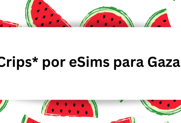 Ilustración con un fondo azul cielo y pedazos de sandía en forma triangular y con semillas de sandía. En el centro con un fondo cuadrado blanco un texto dice Crips por eSims para Gaza.