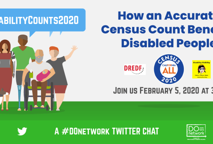 Digital art of 6 people of different ages, races and disabilities, service dog. Text: How an Accurate Census Count Benefits Disabled People. Join us February 5, 2020 at 3PM. A #DOnetwork Twitter Chat. Logos: Disability Organizing Network, DREDF, California Census, and Disability Visibility, Twitter bird.