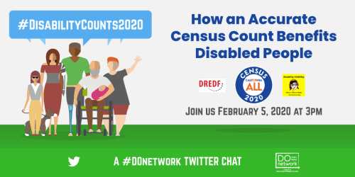 Digital art of 6 people of different ages, races and disabilities, service dog. Text: How an Accurate Census Count Benefits Disabled People. Join us February 5, 2020 at 3PM. A #DOnetwork Twitter Chat. Logos: Disability Organizing Network, DREDF, California Census, and Disability Visibility, Twitter bird.