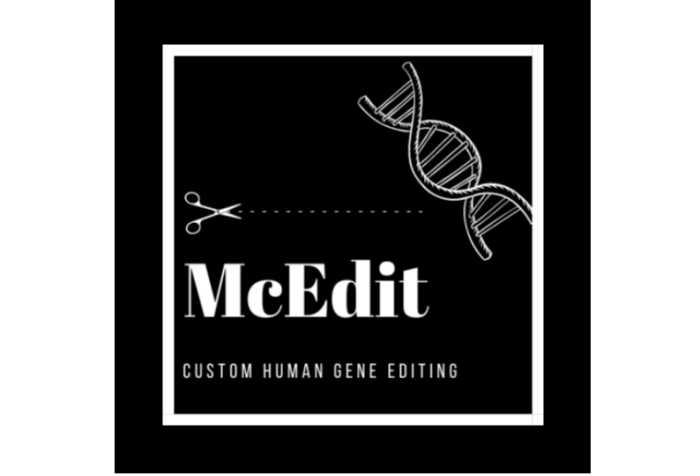 Slide showing a black square graphic with text in the lower half that reads: McEDIT, Custom Gene Editing. Above the text is a scissor with short lines representing stitch marks. On the upper right corner are scissors arranged diagonally