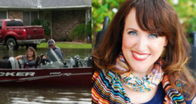 Image description: Two photos side by side. On the left: photo of Angela Wrigglesworth, a woman with brown hair with blonde highlights and blue eyes. She is sitting in a boat submerged in water in a residential neighborhood. Behind her is a house with a red pickup truck in the driveway. Another person is in the boat with her. On the right: A headshot of Angela who is wearing a navy, v-neck shirt and a colorful, striped scarf around her neck. She has brown hair with blonde highlights and blue eyes.