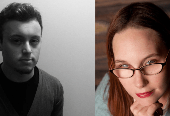 [left] A black and white picture of Dominik, a white man with slightly curly brown hair, a dark pinch, and a piercing over the right eyebrow. He is wearing a cardigan over a black shirt. [right] A photo of Elsa Sjunneson-Henry, a caucasian woman with long red hair, wears glasses which she is looking over. One eye is hazel, the other is a white occuluded cataract. She wears a teal sweater, pink collared shirt, and a smile that says "you want me to write words for you, right?"