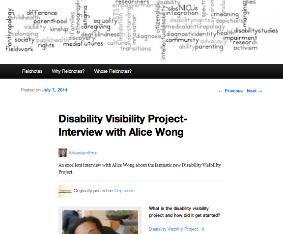 Screen shot from Disability Fieldnotes on July 7, 2014: http://disabilityfieldnotes.com/2014/07/07/disability-visibility-project-interview-with-alice-wong/