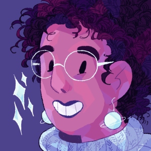 An illustrated headshot of Ashanti Fortson, an Afro-Latinx person with light brown skin and black curly hair. They're wearing light blue planet-shaped earrings, a periwinkle knit turtleneck, and large light blue glasses. They're smiling at the camera, and some sparkles float next to them.