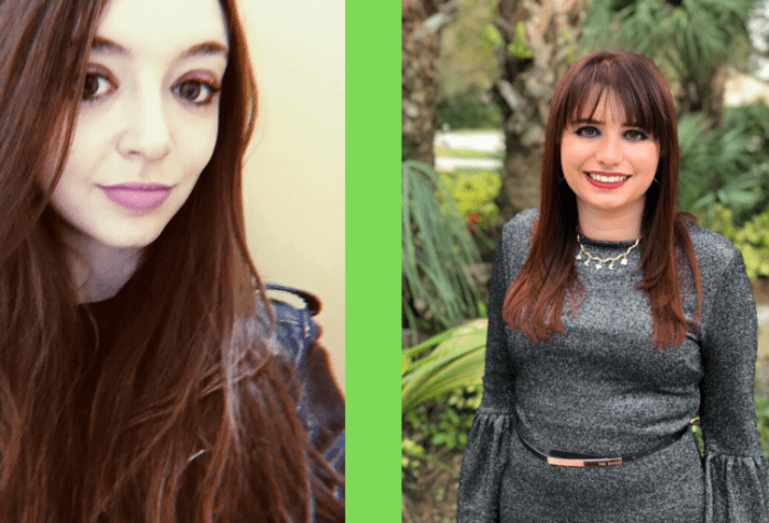 Graphic with a green background with 2 photos. Left: A light-skinned woman with long wavy brown hair stands, smiling. Her face fills almost the entire photo frame. She has brown-colored eyes, brown eyeshadow, and purple lipstick while wearing a black leather jacket. Behind her is an off-white colored wall. Right: A light-skinned woman with straight red hair and bangs stands, smiling. She has brown eyes, red lipstick, a gold necklace with little moon and star charms on it. Her dress is gray and sparkly with long bell-sleeves and a black and rose-gold belt. Behind her are a ton of green trees
