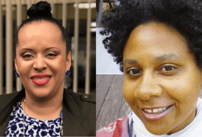 [left] Heather Watkins, a light-complected Black woman shown shoulders up wearing hair in bun atop her head, blue button earrings, makeup with red lipstick and smiling. She is wearing olive-colored blazer and blue and white patterned blouse with long necklace of various blue-colored pendants [right] Dawn Gibson, a Black woman with curly natural hair wearing a white top with streaks of pink, red, and gray. She is smiling at the camera.