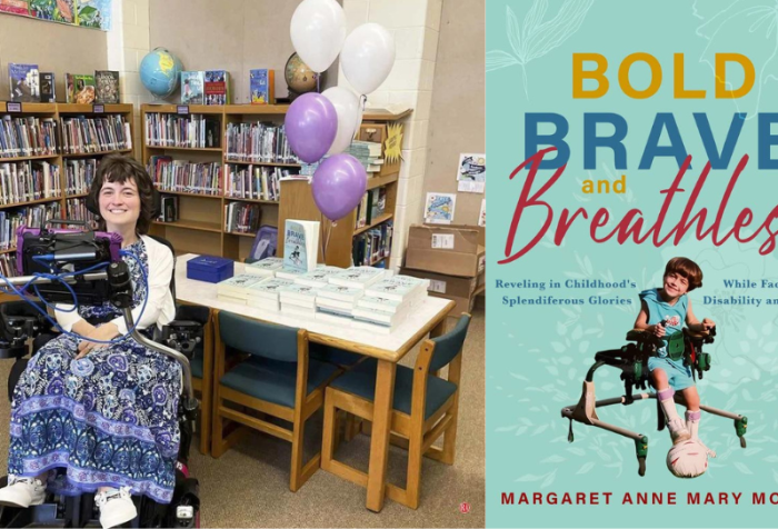 Divided picture—Bold, Brave, and Breathless book cover on the right. On left: Margaret is in a purple printed dress, white shoes and sweater. She is Caucasian and has brown bobbed hair. She is smiling while sitting in a motorized wheelchair that has a communication device (tablet) mounted on a silver bar in front of her. She is sitting in front of a table covered with copies of her book Bold, Brave, and Breathless, along with purple and white balloons floating above the books. She is in a library with full shelves of books lining the walls.