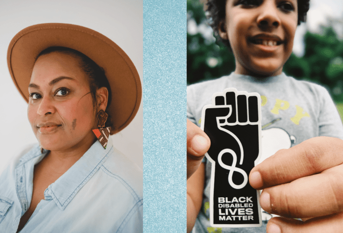 Graphic with a light aqua blue mineral-like background featuring two photos. [left] Photo of Jen White-Johnson, an Afro-Latina woman who is wearing a light blue denim shirt. She has a cinnamon complexion with a small brown birthmark on her left cheek. She is wearing earrings with the raised solidarity fist with an inverted triangle below. She is also wearing a wide-brimmed brown hat. [right] Photo of Knox White-Johnson, a Black Autistic boy smiling and holding a sticker designed by his mother, Jen White-Johnson, an illustration of a raised solidarity fist in black with an infinity symbol at the wrist in white with the words ‘Black Disabled Lives Matter’ below.