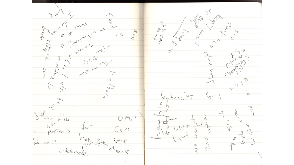 A scanned image from my journal showing two pages of various scribbles I wrote during my hospital stay. Most are unreadable except for “OMG!”