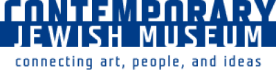 Text in dark blue that reads: Contemporary Jewish Museum. The words 'Jewish Museum' are in white against a blue background. In smaller words at the bottom row is the phrase, "connecting art, people, and ideas"