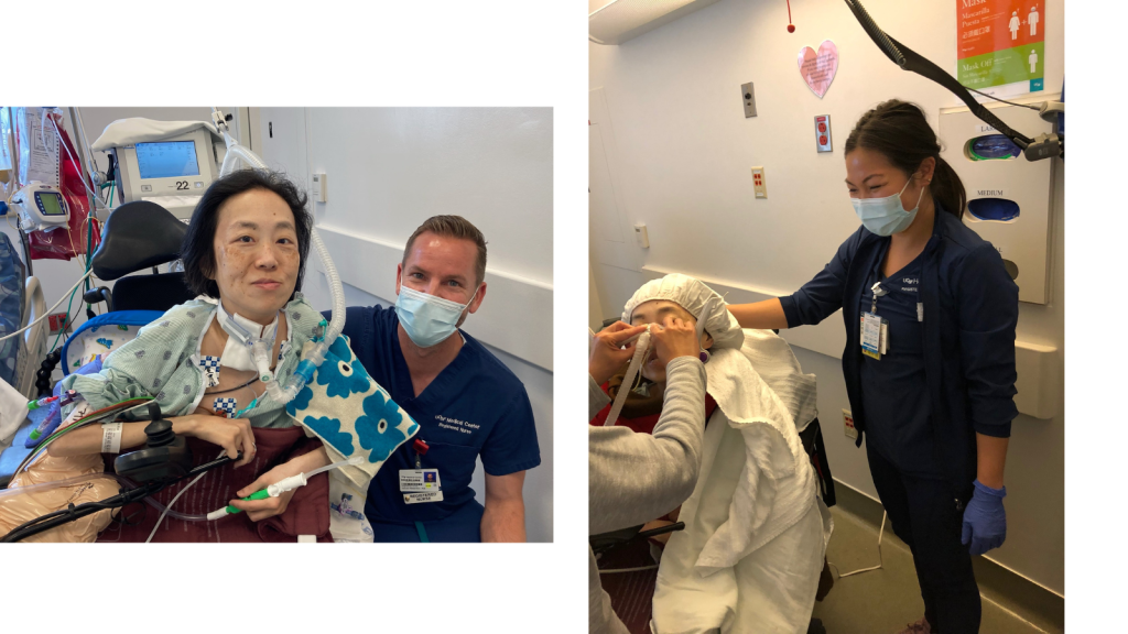 Blessed are the nurses. There were so many amazing nurses who took care of me on the 13th floor of Moffitt Hospital at UCSF. Each one had different ways of doing things which was fascinating to my sisters and me as they trained us on how to take care of my body when I got home. The best advice from one nurse was to learn a wide variety of ways because there is no one way to do something and we will eventually develop our own methods. On the left I’m sitting in a wheelchair with my trach attached to a BiPAP machine behind me. Next to me is Jake the nurse, a white man wearing blue scrubs and a face mask. On the right I am in a wheelchair swaddled with towels and wearing a shower cap containing heated dry shampoo. Vivian the nurse is standing by side with her hand on the back of my chair. She is wearing latex gloves, blue scrubs, and a face mask. My sister is adjusting my face mask.