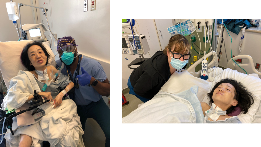 Blessed are the respiratory therapists. I had many RTs suction my trach, give me treatments, and monitor my breathing. On the left I am sitting in a wheelchair next to Ashton, a Black man who is wearing blue scrubs, a mask, and a surgical cap. He is raising his thumbs up. On the right is Jackie, a white woman with a hair pulled back. She is wearing a mask and glasses and is bending over my hospital bed that I am lying in. Jackie gave a 3-day training for my sisters teaching them how to suction me, clean and maintain my trach, and troubleshooting the vent.
