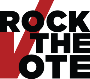 Graphic with a white background. Three words are stacked on top of each other in bold black capital letters: ROCK THE VOTE. On the lower left-hand side of the image is a large red checkmark that runs through the words.