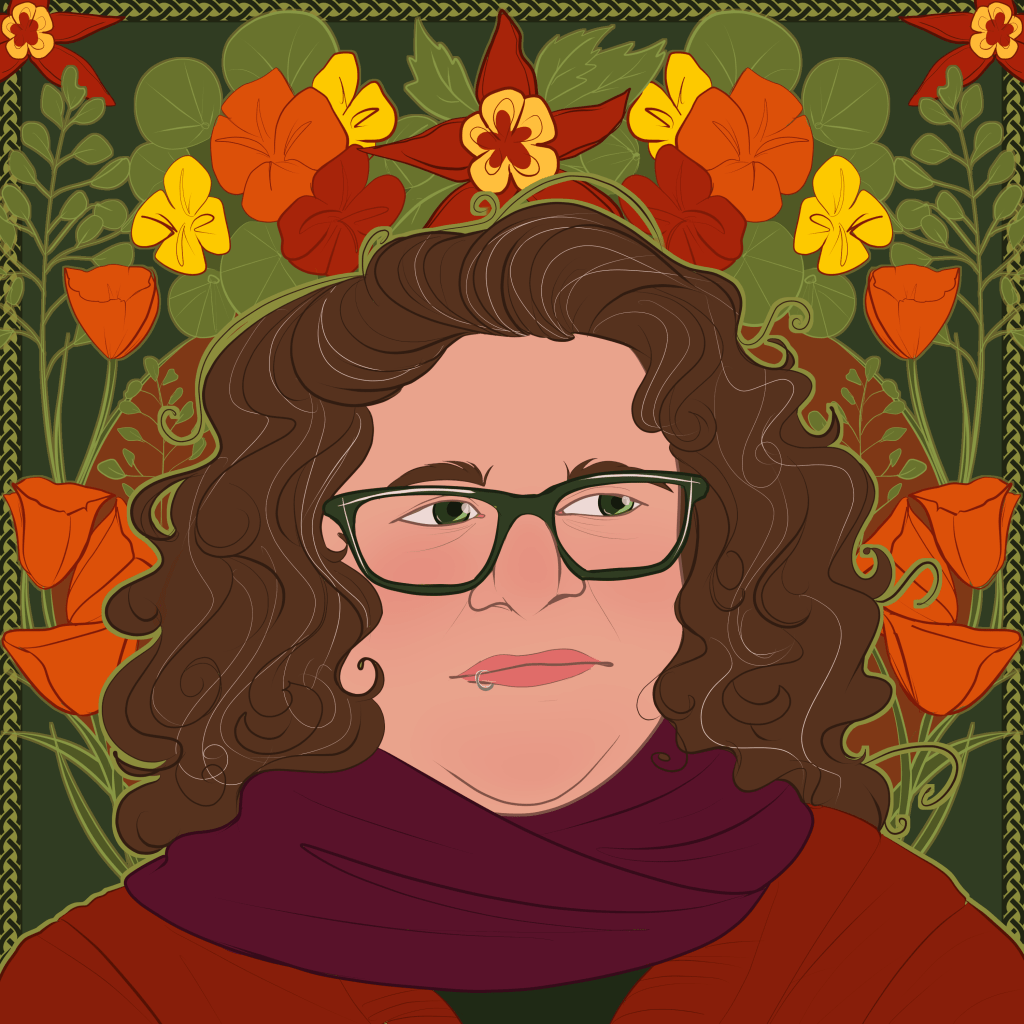 An illustration of s.e. smith, in a palette of rich oranges, reds, and greens. smith, a white person with brown curly hair, is midframe, draped in a scarf and wearing large green glasses. An arch of flowers rises behind their head, featuring nasturtiums, columbine, and California poppies. Artist credit: Michaela Oteri @ogrefairy