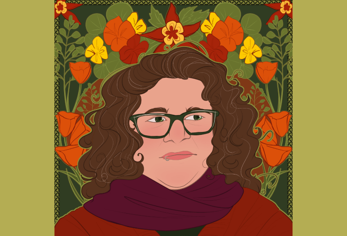Graphic with an olive green background. An illustration of s.e. smith, a white person with curly brown hair streaked with silver wearing an orange sweater and a large purple scarf. Behind s.e.’s head, a spray of poppies, nasturtiums, and columbine in hues of orange, red, and yellow against a green background. (Illustration by Michaela Oteri)