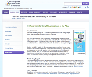 Screen shot of the story from the website of the Hearing Loss Association of America. (June 16, 2014): with the title "Tell Your Story for the 25th Anniversary of the ADA"