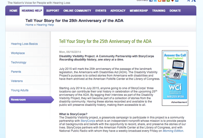 Screen shot of the story from the website of the Hearing Loss Association of America. (June 16, 2014): with the title "Tell Your Story for the 25th Anniversary of the ADA"