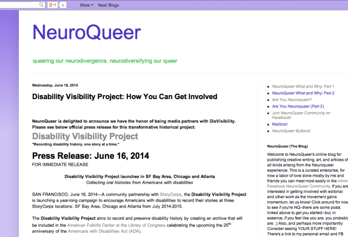 Screenshot from NeuroQueer's blog with the title: "Disability Visibility Project: How You Can Get Involved"