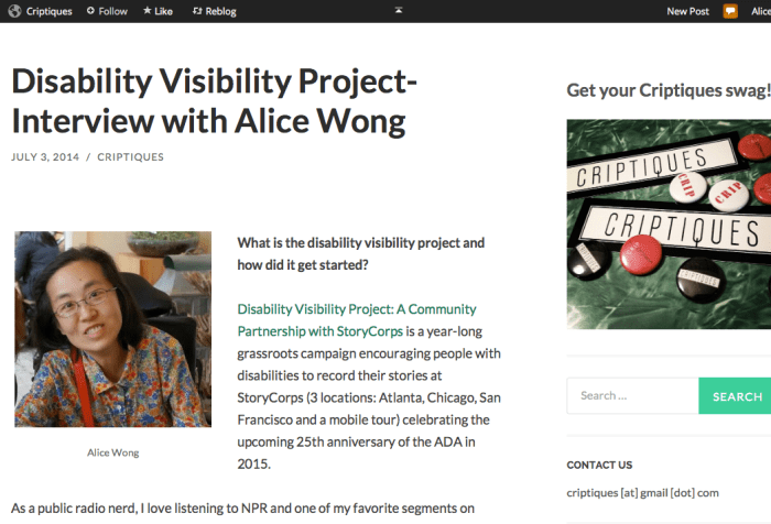 Screen shot from Criptiques blog: http://criptiques.com/2014/07/03/disability-visibility-project-interview-with-alice-wong/