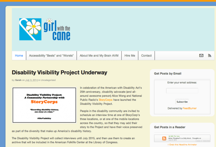 Screen shot from the Girl With The Cane blog: http://www.girlwiththecane.com/disability-visibility-project/