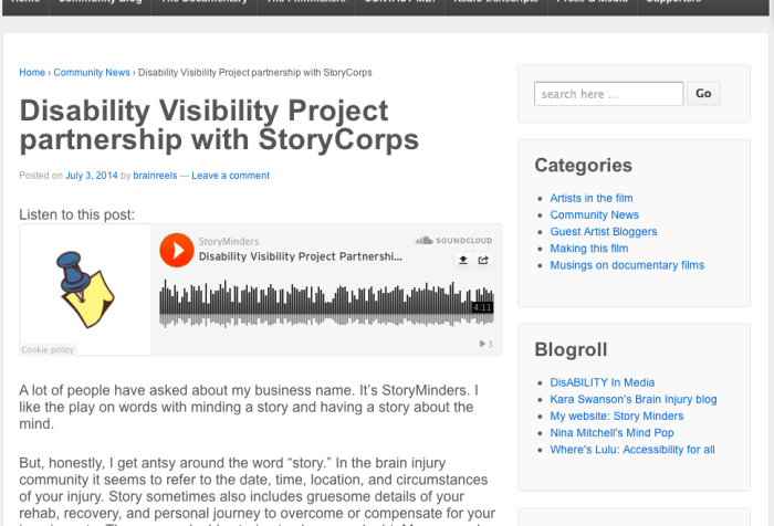 Screen shot from Who Am I To Stop It community blog: http://whoamitostopit.com/2014/07/03/disability-visibility-project-storycorp/