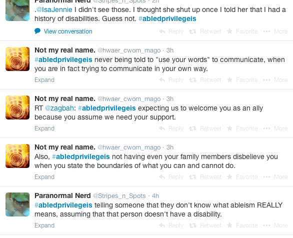 Screengrab on Twitter of tweets that use the hashtag: #AbledPrivilegeIs