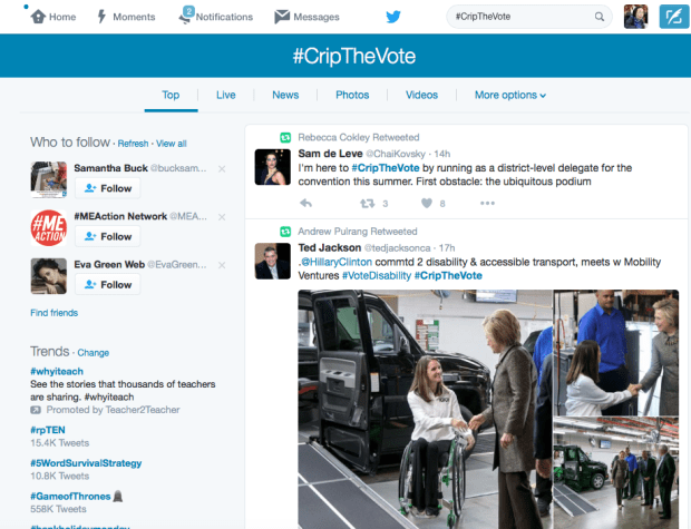 Screenshot showing the Top Tweets tab for tweets using the #CripTheVote hashtag on Twitter