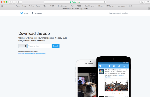 Screenshot of a desktop computer open to the main page for Twitter.com
