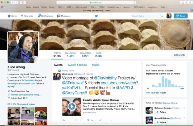 Screenshot of the main page of @SFdirewolf's account on Twitter