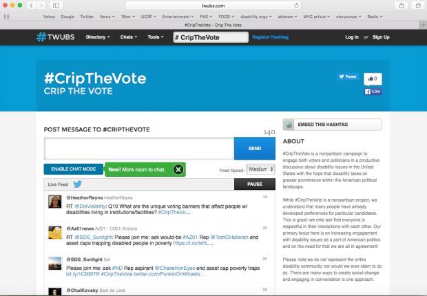 Screenshot from TWUBS.com that shows the live feed of #CripTheVote tweets on Twitter happening in real-time