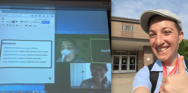 Photo of of two images: on the left is a photo of a projected screen showing two windows open. One has a slide on the left side with a list of resources. On the right side is the Zoom videoconference platform featuring 2 smaller windows featuring Alice Wong, an Asian American woman wearing a BiPap mask over her face with a tube attached in the upper left corner. On the lower right corner is the image of Geraldine Ah-Sue, an Asian American woman with black-rimmed glasses. Both are participating in the presentation remotely. The second image on the right side is an outdoor photo of Yosmay del Mazo, a Latinx transgender person standing outside State Hall, on the Wayne State University campus with his hand in a thumbs-up gesture.