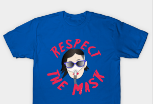 Blue t-shirt with a portrait of Alice Wong, an Asian American woman wearing sunglasses and a mask over her nose attached to a gray tube by artist Mike Mort with the words “Respect the Mask” around the portrait in red