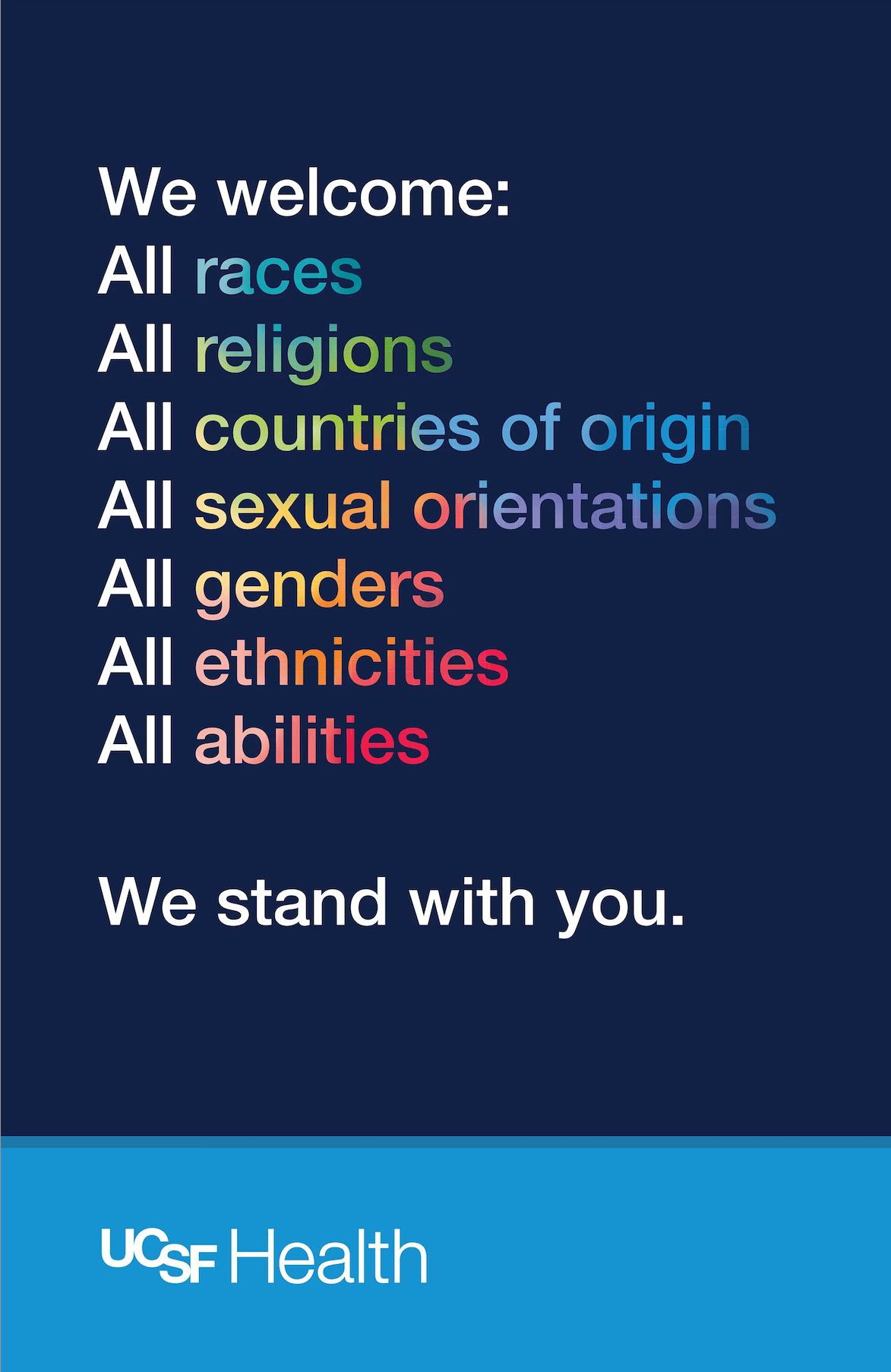 Graphic of signage that is posted throughout UCSF Moffitt/Long hospital and other UCSF Health locations. Against a navy blue background is text that reads: We welcome: All races, All religions, All countries of origin, All sexual orientations, All genders, All ethnicities, All abilities. We stand with you.” Below against light blue text, “UCSF Health”