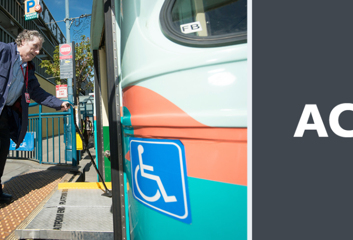 Three images left tonight: the logo for MUNI, white curved double lines that look like the letter M in white against a blue background, photo of an older white adult who uses a can standing at a platform for a MUNI light rail train, graphic that says TAKE THE ACCESSIBILITY SURVEY