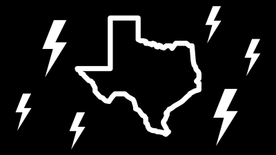 Graphic with a black background showing an outline of the state of Texas in white. Surrounding it are lightning bolts in white in various sizes.