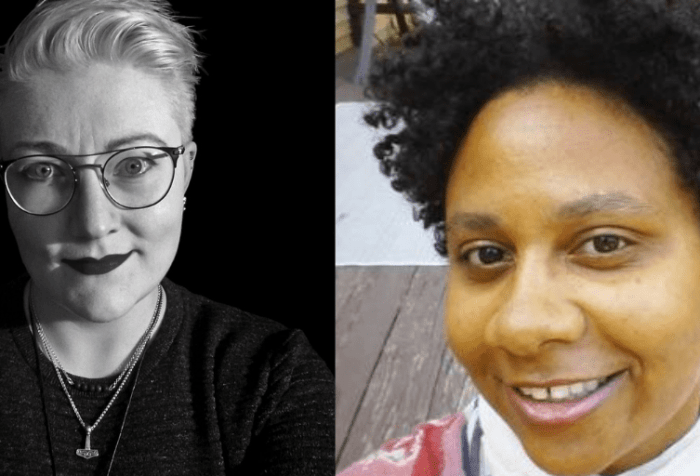 Two photos. [left] black-and-white headshot of white person with short platinum blond hair and light eyes. They are wearing a dark grey sweater, round wire-framed eyeglasses, and dark lipstick, and are smiling slightly at the camera. [Right] Black woman with curly natural hair wearing a white top with streaks of pink, red, and gray. She is smiling at the camera.
