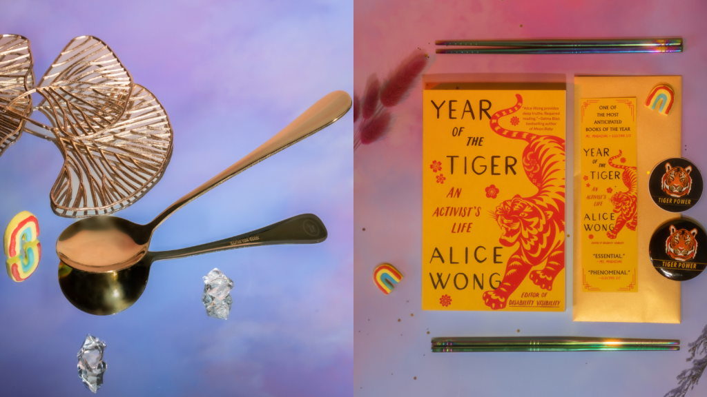 Photo with a purple-pink reflective background featuring a gold dipper spoon from @umeshiso_ (on IG). On the left are gold ginkgo leaf decorations, a small rainbow, and below are two clear crystals. Photo credit: @ziru.mo (on IG). Right: Photo with a purple-pink background with a copy of Year of the Tiger paperback in the center. Above and below the book are a pair of rainbow chopsticks from @umeshiso_ (on IG). On the right of the book is a tiger bookmark and is one round tiger sticker and one round tiger button. Floral decorations and a small rainbow decor are placed around the edges. Photo credit: @ziru.mo (on IG)