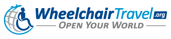 Horizontal logo. On the left is an graphic of a globe with an airplane circling it and a person in a wheelchair. In the center is: "WheelchairTravel.org Open Your World"